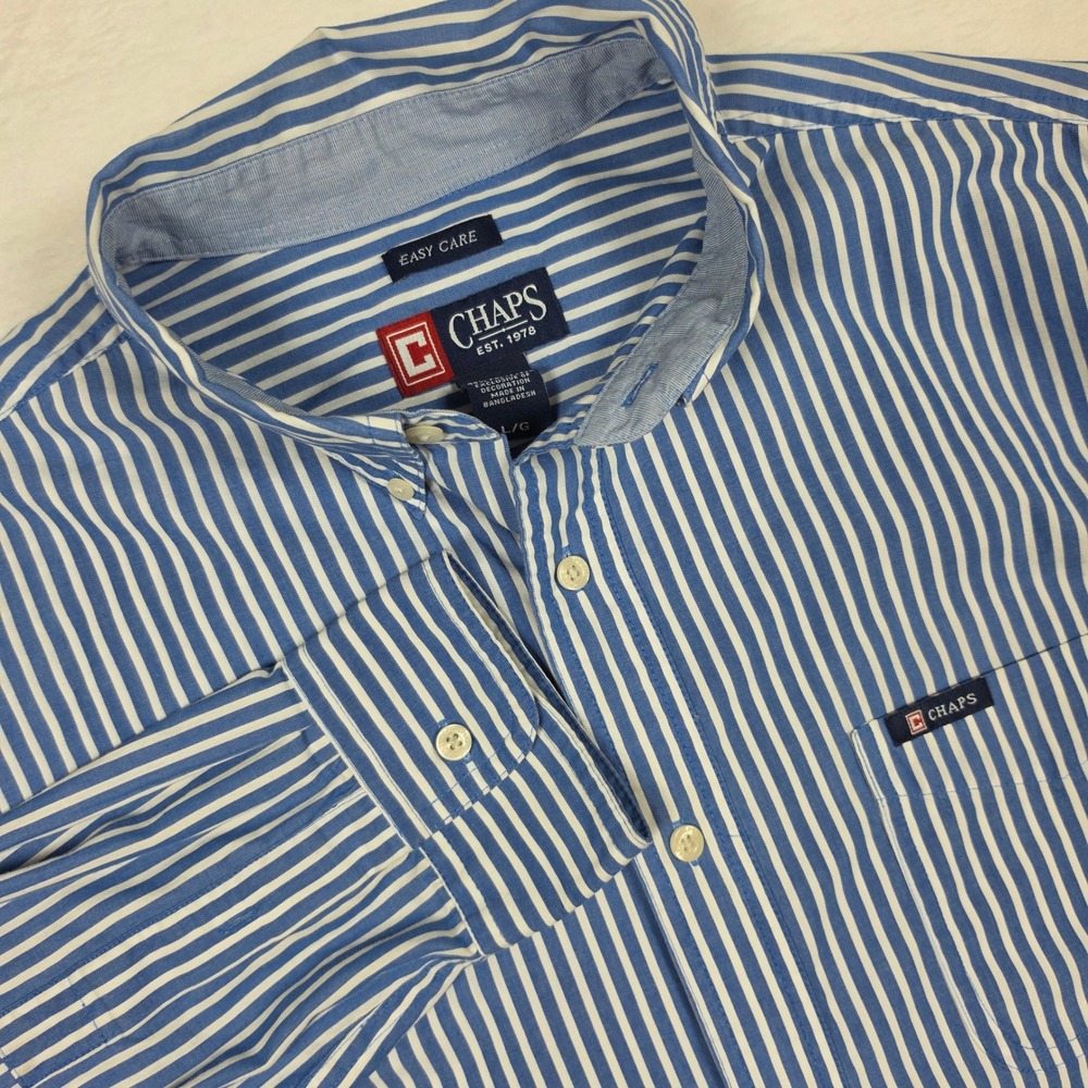 Chaps Mens Blue White Striped Easy Care Button Down Shirt Large L Long Sleeve